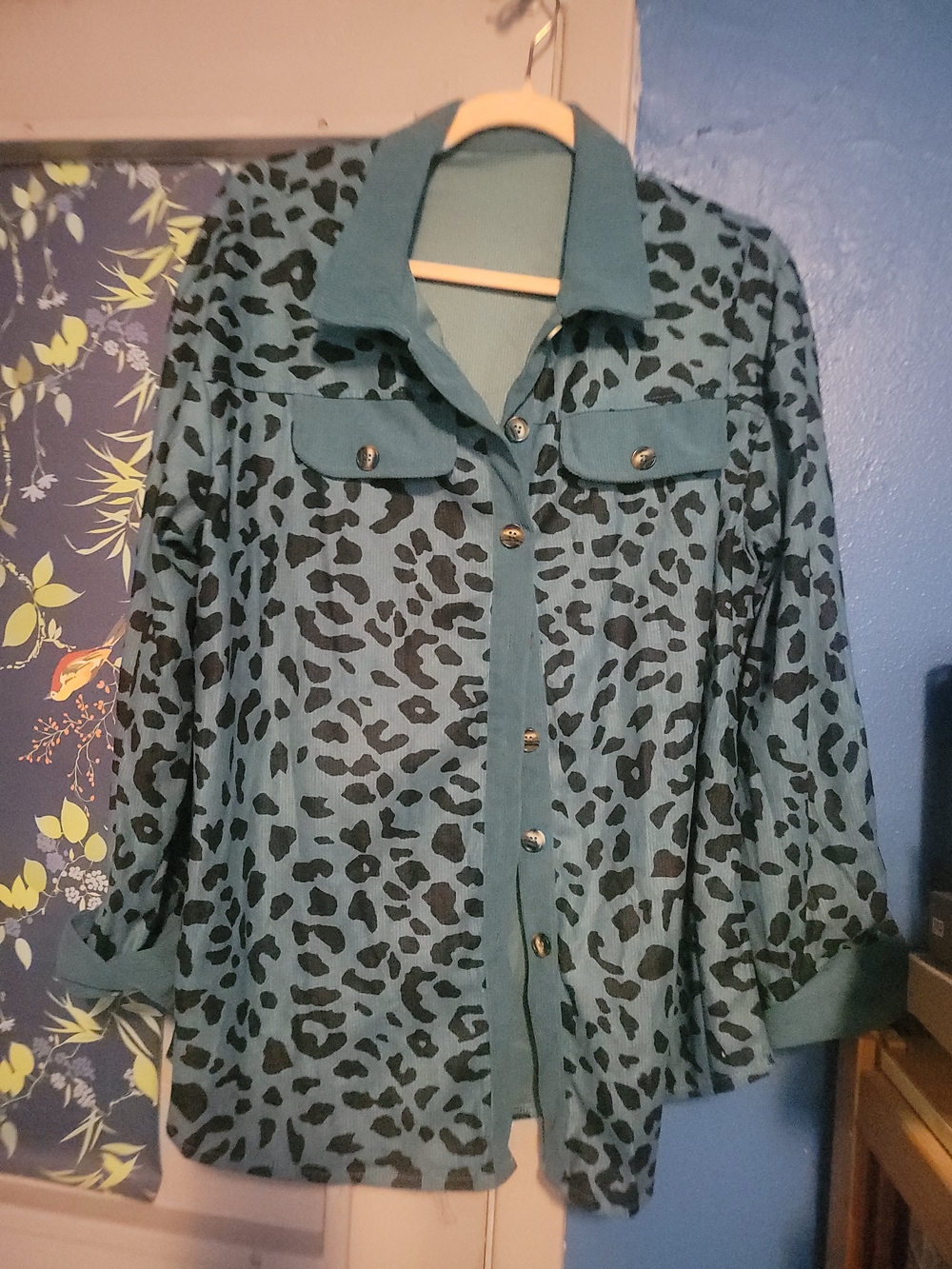 Teal Leopard Print Button-Up Shirt